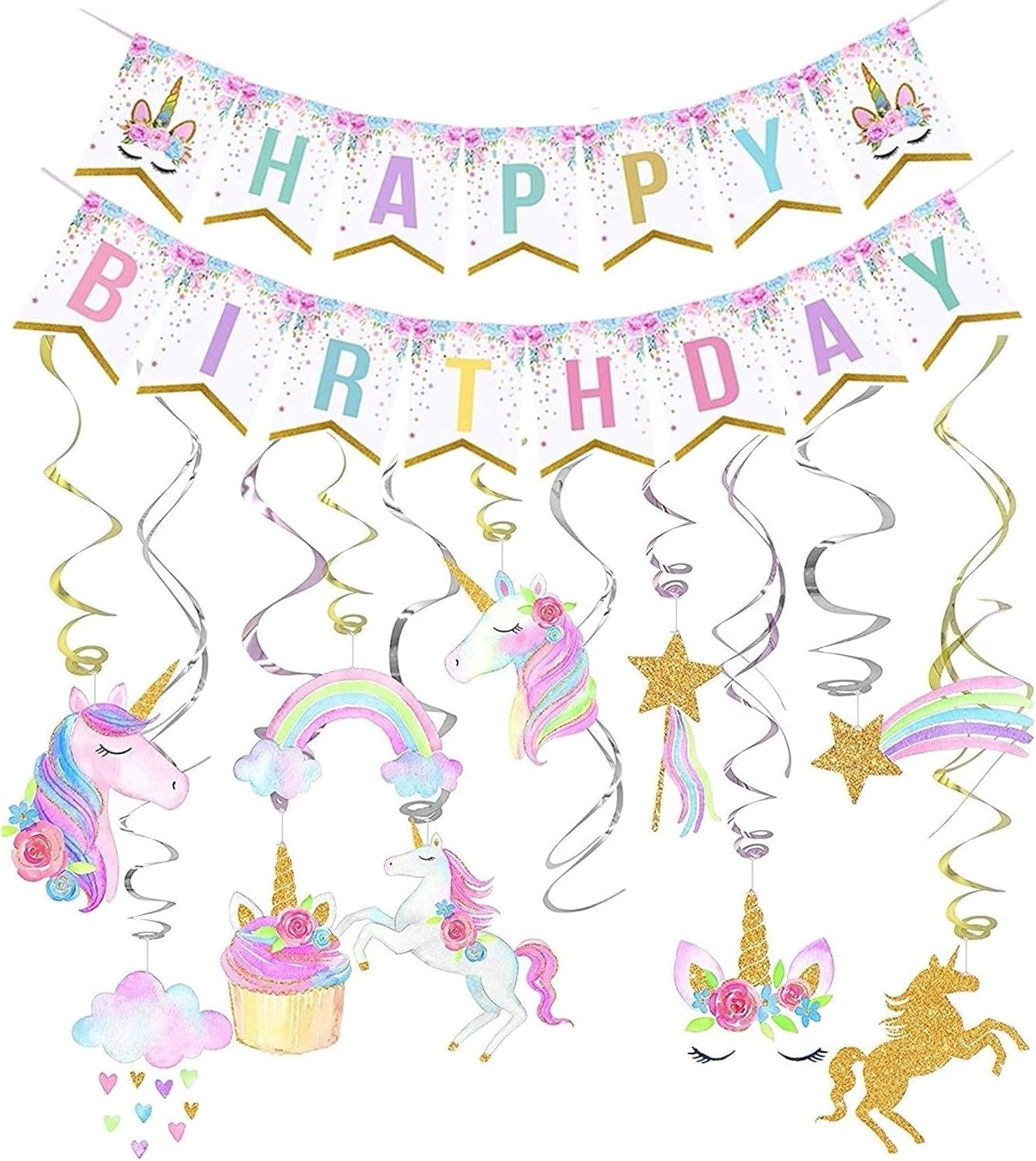 Kocici Unicorn Birthday Decorations, Rainbow Unicorn Party Supplies with Banner and Hanging Swirls for Girls Birthday Party