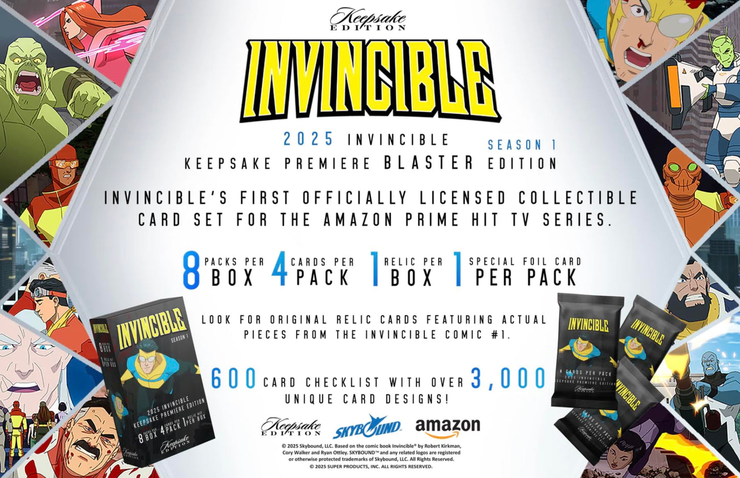 2025 Invincible Season 1 Keepsake Premiere Blaster: 8 Packs Per Box, One Guaranteed Relic, Chase Rare Autos and Patches