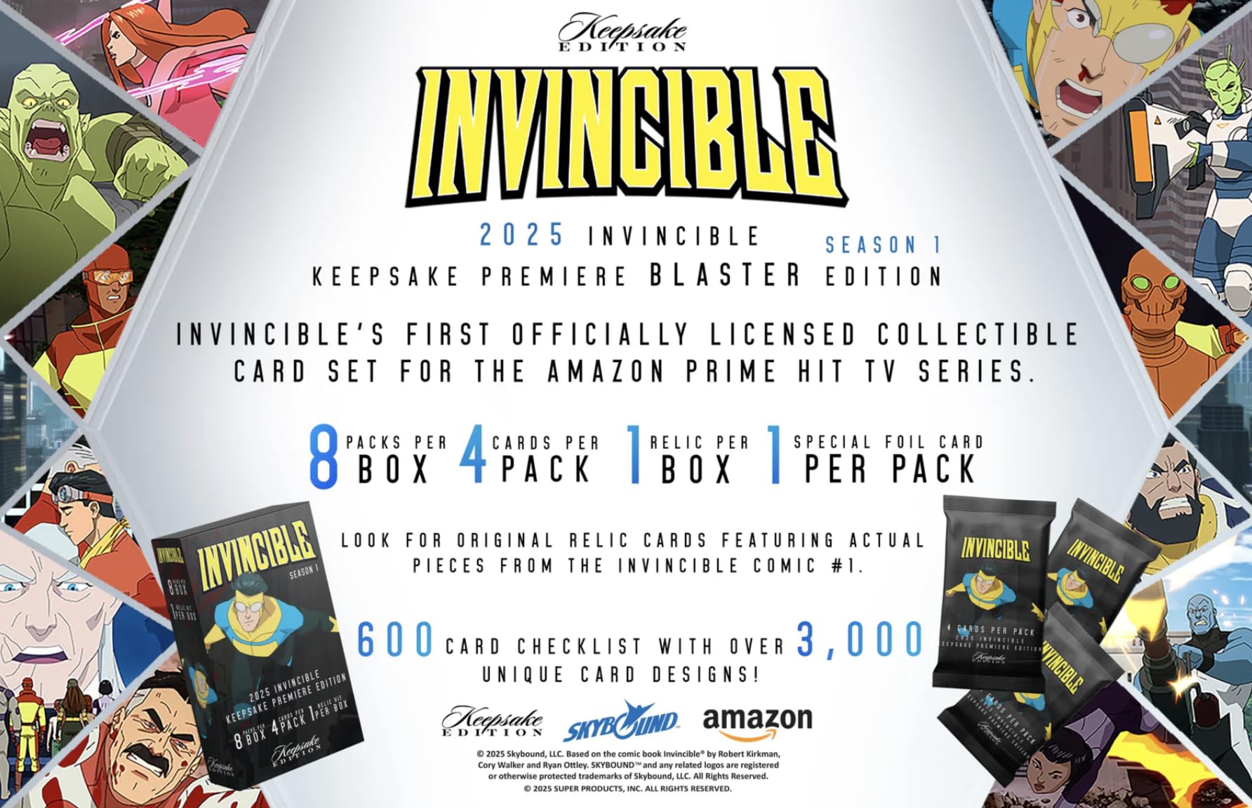 2025 Invincible Season 1 Keepsake Premiere Blaster: 8 Packs Per Box, One Guaranteed Relic, Chase Rare Autos and Patches