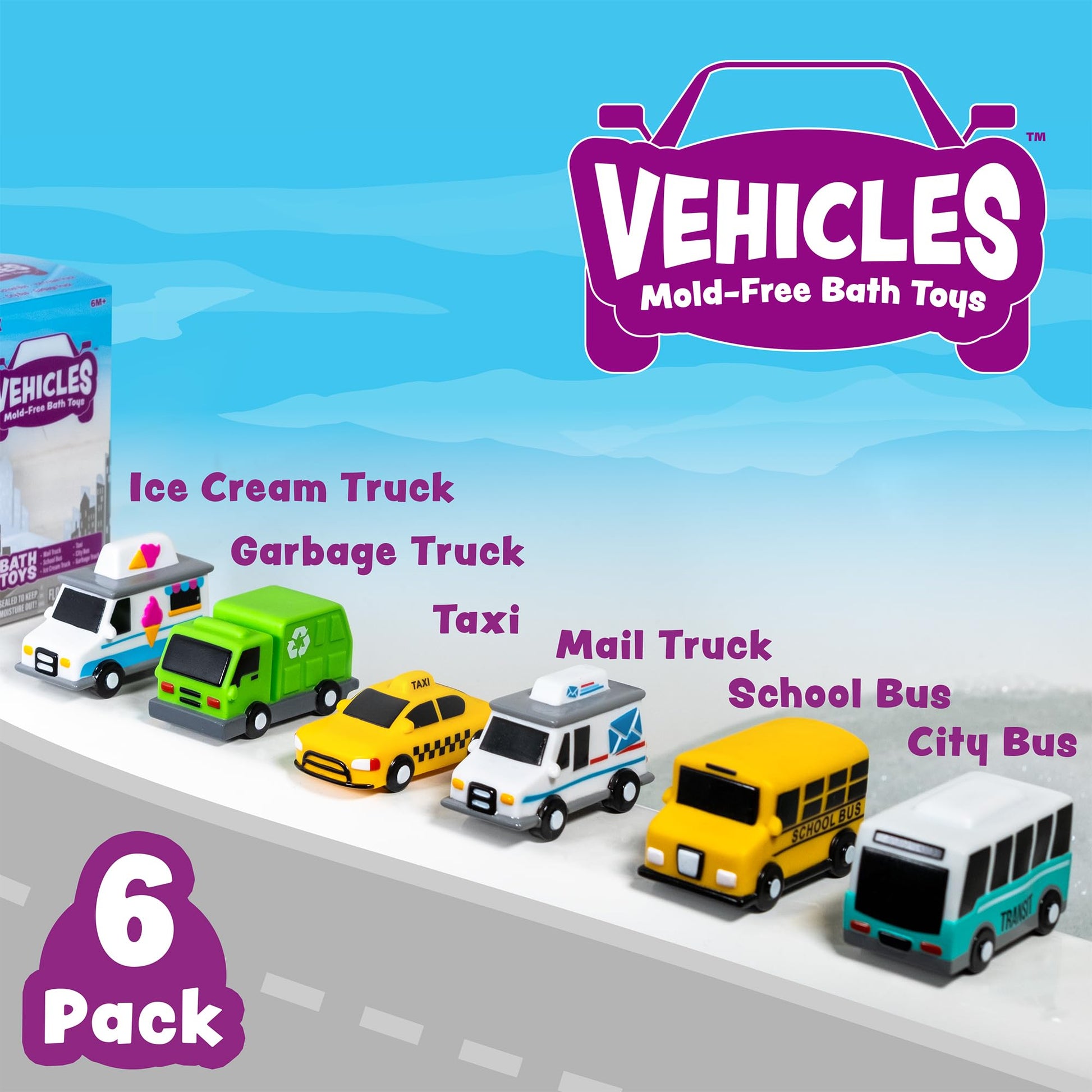 Tub Works® Vehicles™ Bath Cars Mold Free Bath Toys, 6 Pack | Sealed, No Hole Bath Toys Design Keeps Moisture Out | Soft, Squeezable & Float on Water |