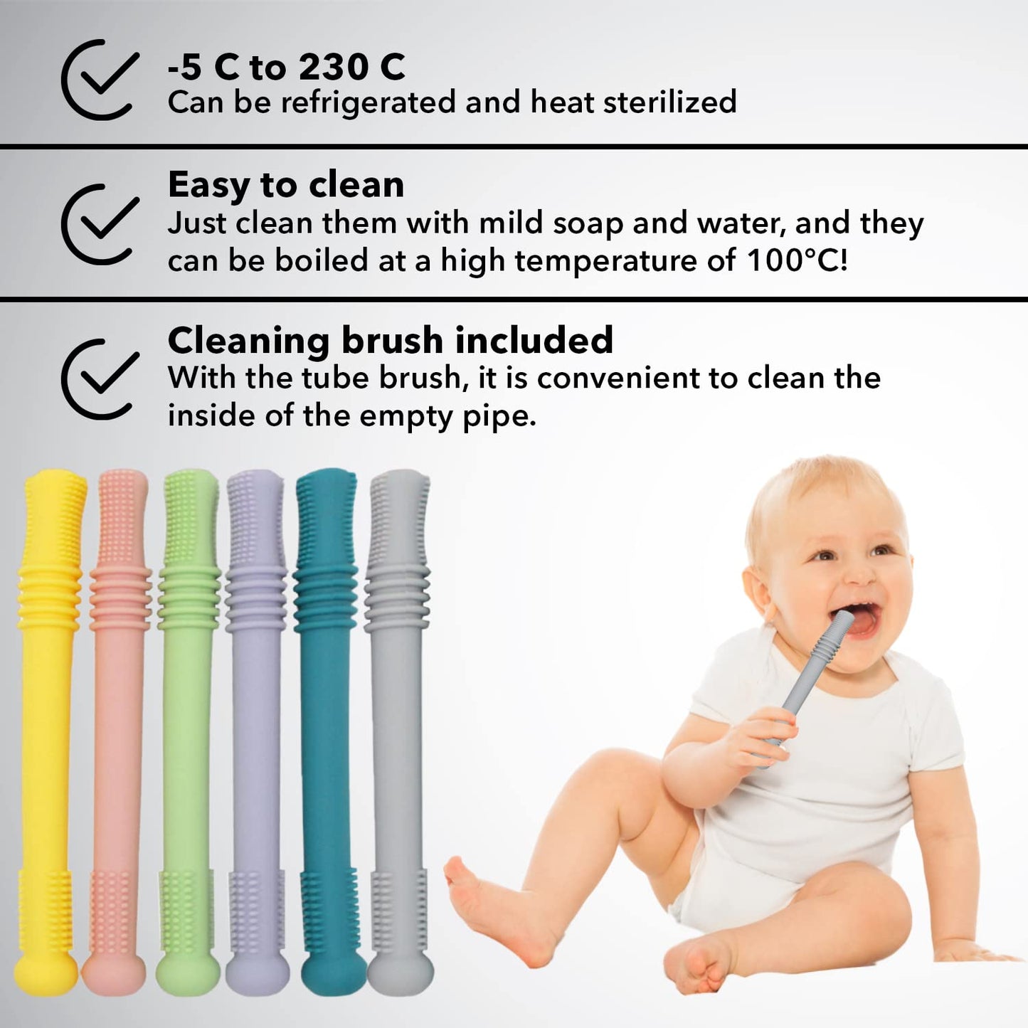 Gadgetime USA Hollow Stick Teether (Pack of 6) - Chew Straw Toy for Toddlers - Infant Silicone Tube - BPA Free, Freezer Safe, Dishwasher Safe, Easy