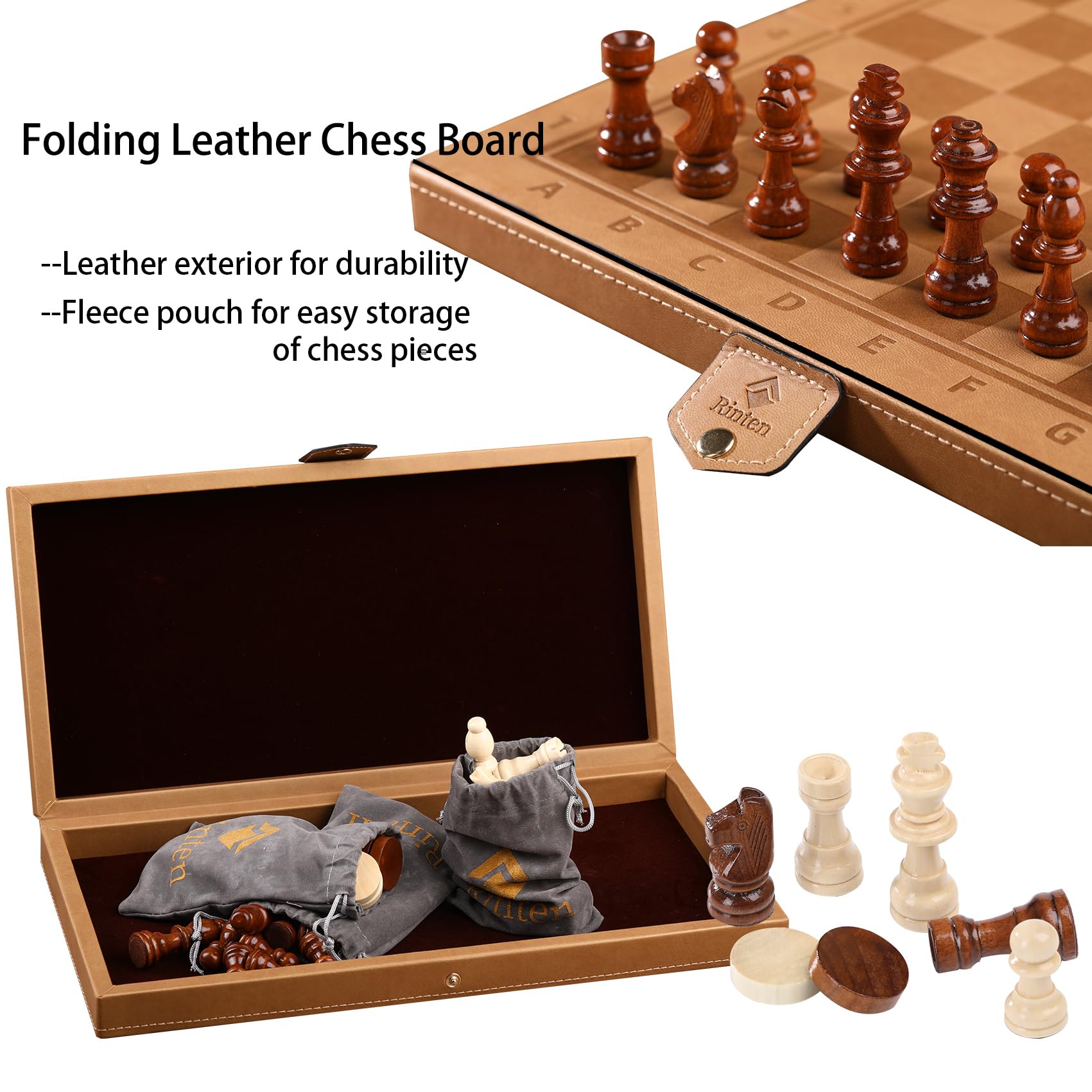 15" Magnetic Chess Set & Checkers Set 2 in 1?Rinten Leather Portable Travel Chess Board Game Sets with Velvet Bag Packaging Beginner Large Chess Set