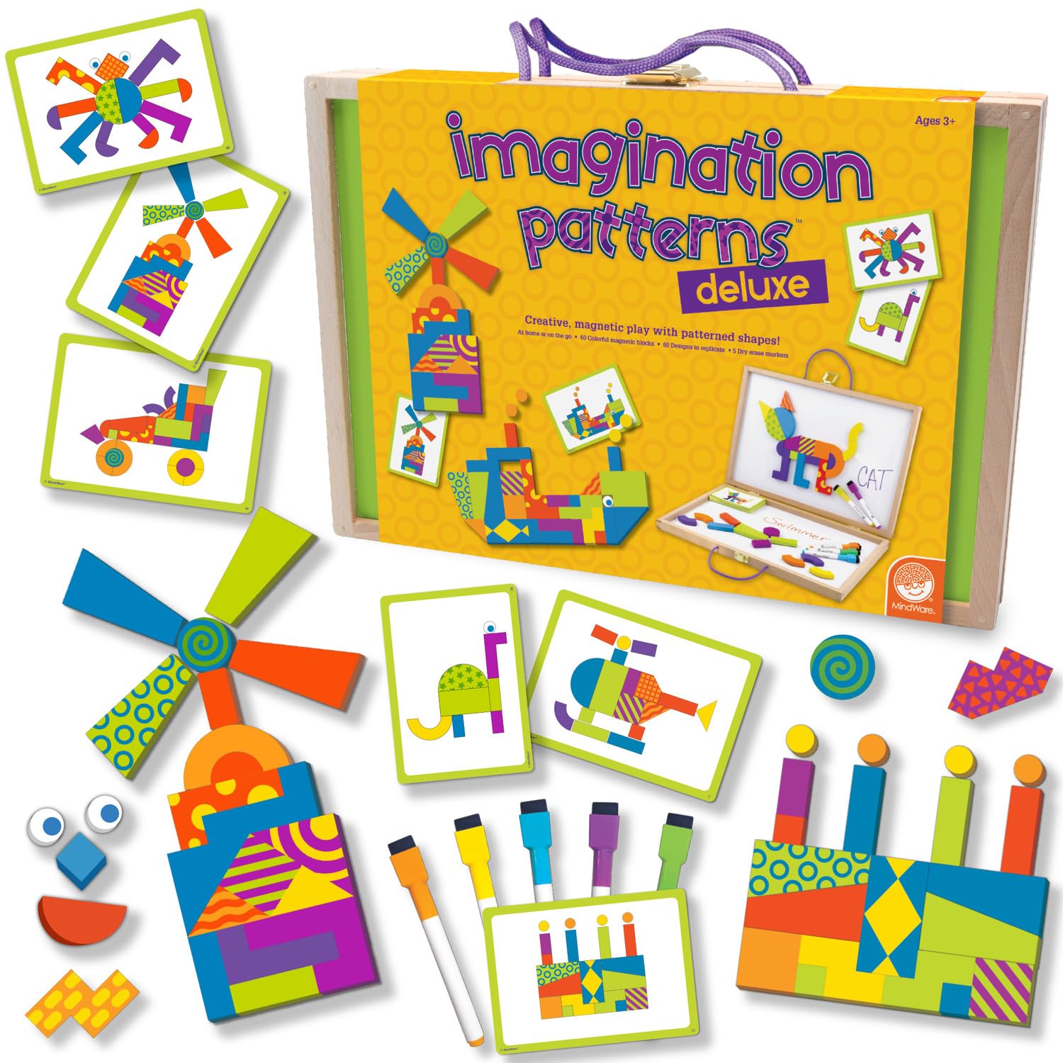 MindWare Imagination Patterns - Creative, Magnetic Play with Patterned Tangram Shapes - Includes 60 Magnetic Blocks, 60 Puzzle Cards, Dry Erase