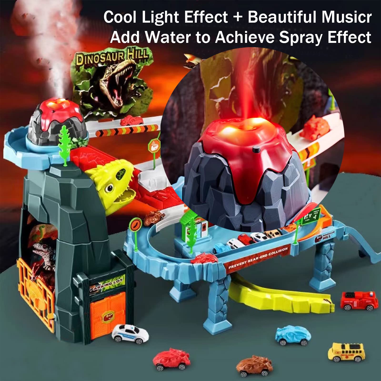 Juqic Children's Toy Car Ramp Track Dinosaur Spray Hills Adventure Railcar Slot Car Vehicle Race Play Set with 20 Mini Cars for Preschool Boys Puzzles