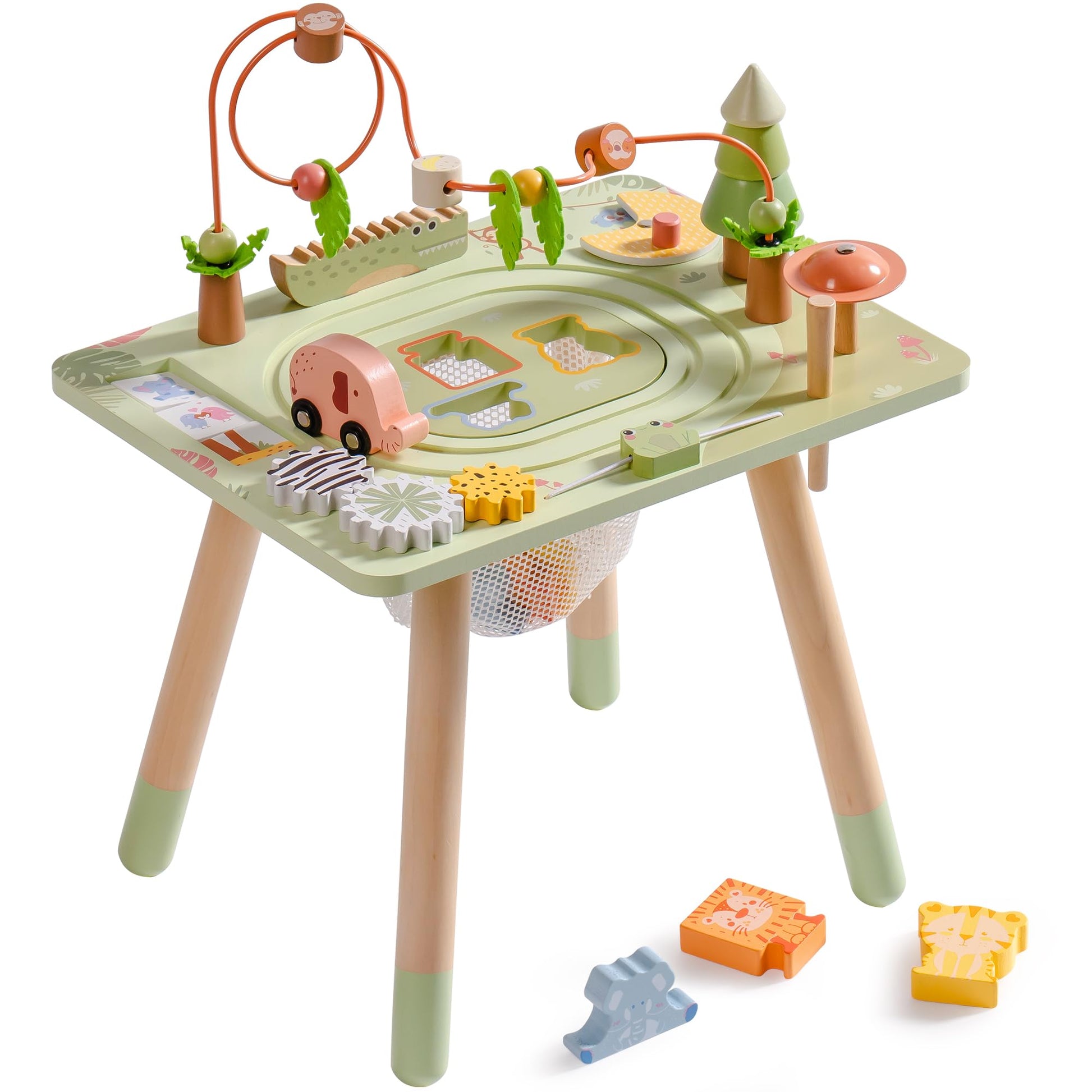 ROBUD Activity Table, 11-in-1 Montessori Learning Table with Bead Maze, Gears, Track, Shape Matching, Storage & More, Wooden Montessori Toys