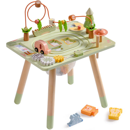 ROBUD Activity Table, 11-in-1 Montessori Learning Table with Bead Maze, Gears, Track, Shape Matching, Storage & More, Wooden Montessori Toys