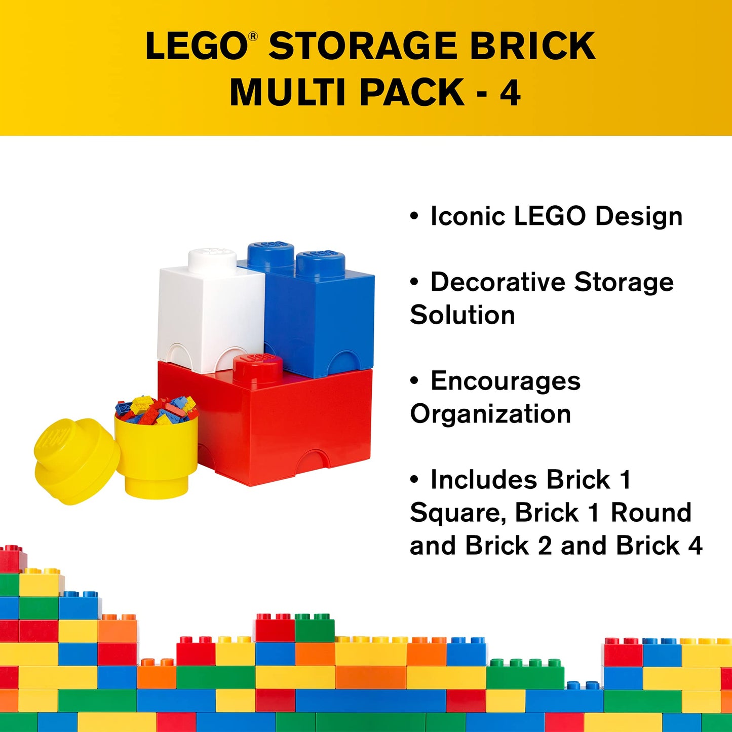 LEGO Storage Brick Multi Pack (4 Piece), Bright Red/Bright Blue/Bright Yellow/White (40150601)