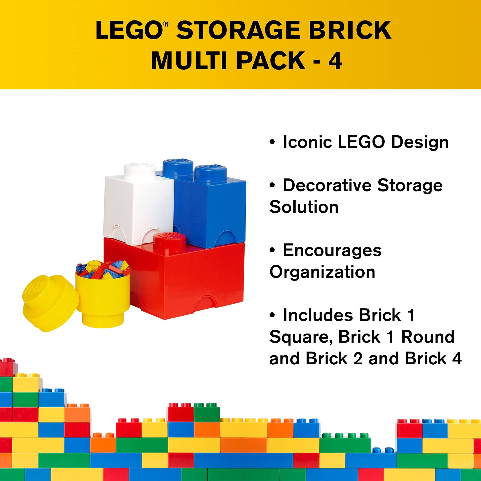 LEGO Storage Brick Multi Pack (4 Piece), Bright Red/Bright Blue/Bright Yellow/White (40150601)
