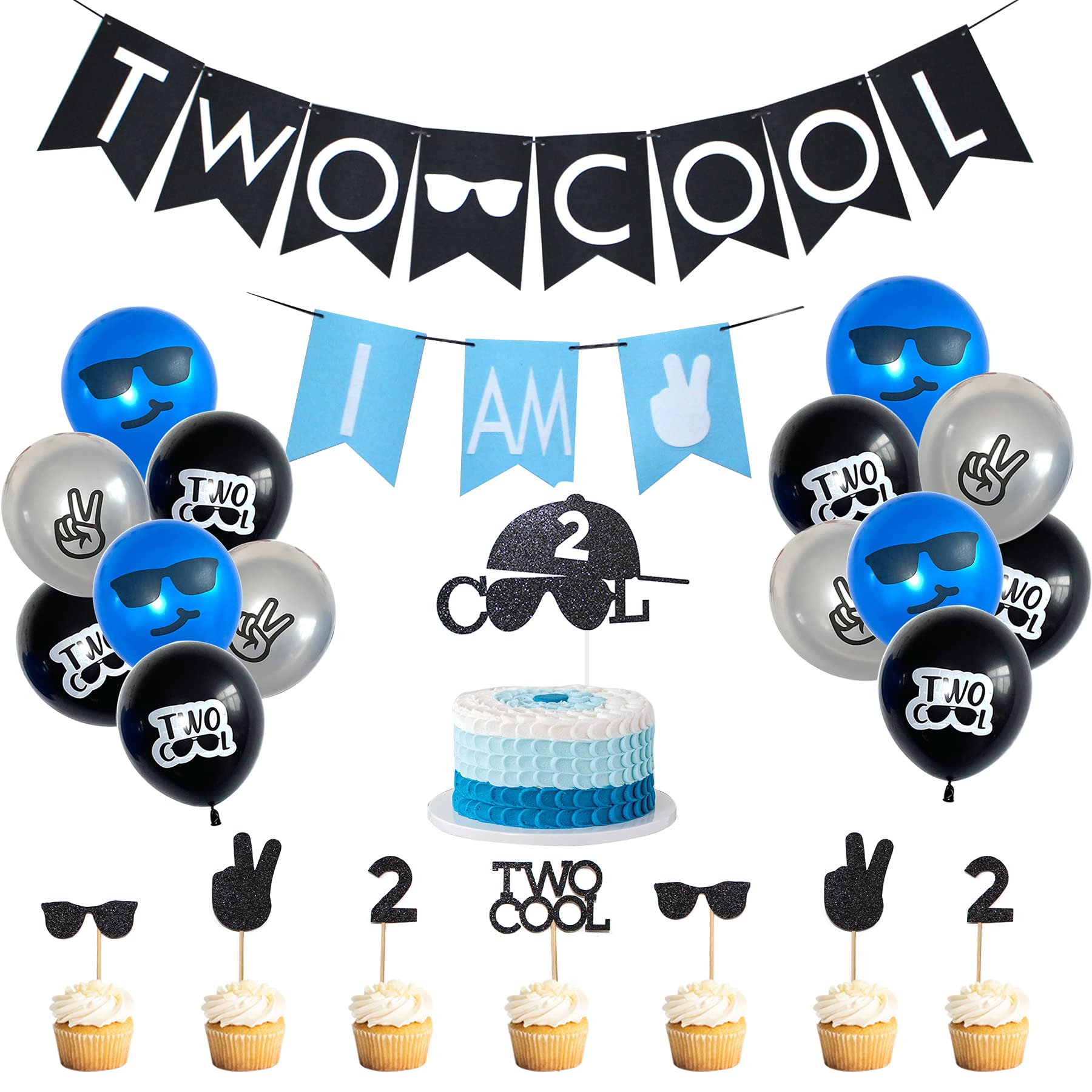 Two Cool Birthday Party Decorations & Supplies - I AM TWO Banner, Balloons, Cake Topper for Little Man's 2nd Birthday