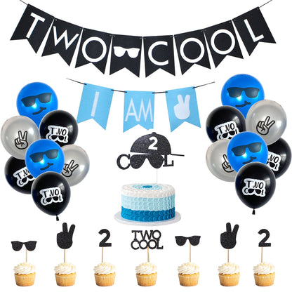 Two Cool Birthday Party Decorations & Supplies - I AM TWO Banner, Balloons, Cake Topper for Little Man's 2nd Birthday