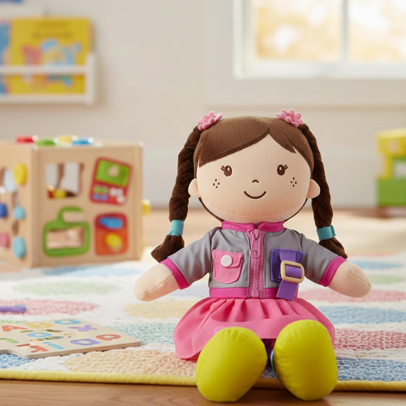 Linzy 15" Learn to Dress Stuffed Doll with Grey Jacket, Educational Montessori Doll for Toddlers, Soft Buckle Toy Gifts for 2 Year Old Girls