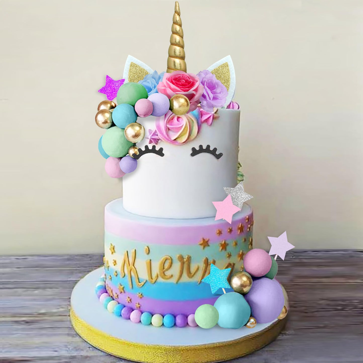 38 PCS Unicorn Cake Topper Unicorn Flower Cake Decorations with Flowers Balls Stars Unicorn Happy Birthday Cake Decorations (Flower)