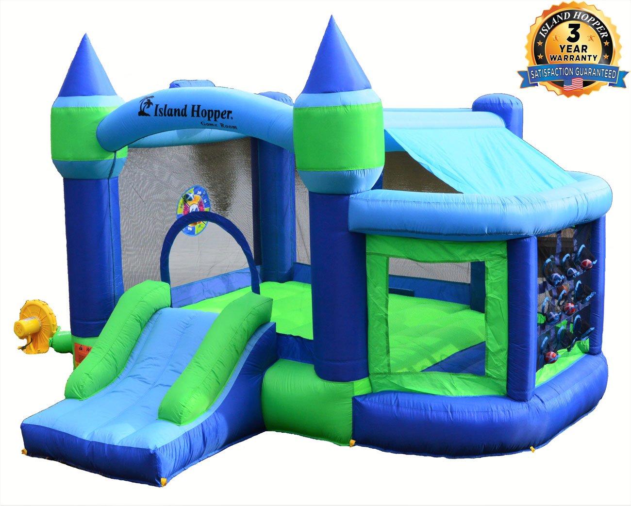 Island Hopper Shady Play Game Room with Shaded Canopy - Recreational Bounce House with Padded Floor Side Room, Basketball, Target Throw, tic-tac-Toe