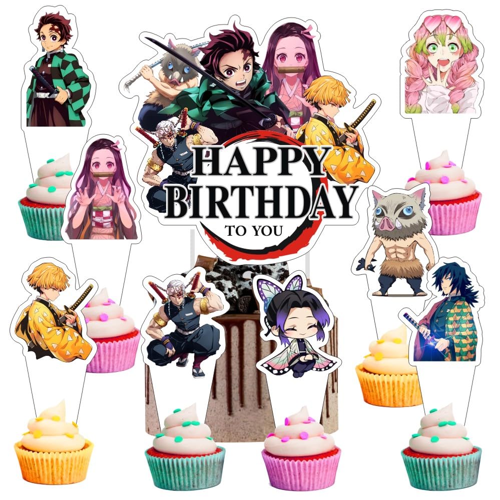 25pcs Demon Cake Decorations with 1pcs Cake Topper, 24pcs Cupcake Toppers for Slayer Birthday Party Supplies