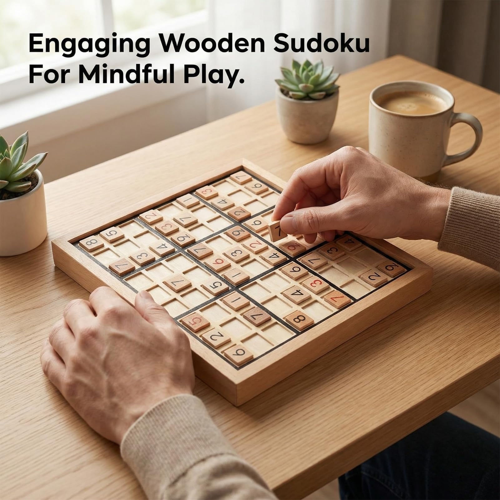 Wooden Sudoku Puzzle Board Game Set with Drawer, 9x9 Math Brain Teaser Desktop Game, Natural Beechwood Logic Thinking Training Toy for Adults