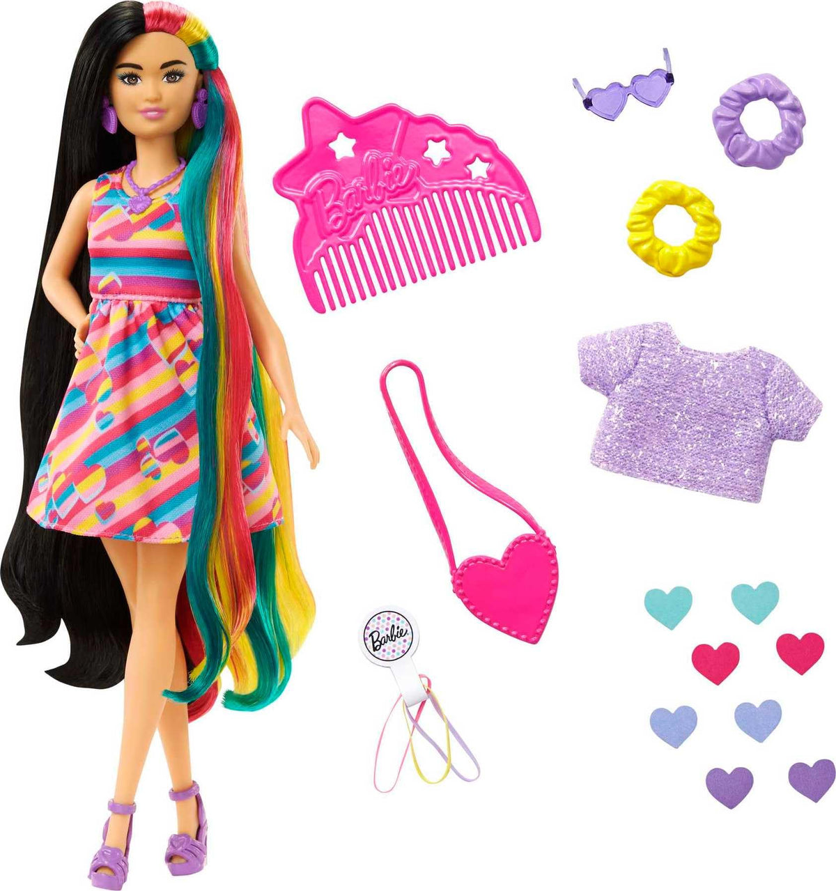 Barbie Totally Hair Doll, Heart-Themed with 8.5-inch Fantasy Hair & 15 Styling Accessories (8 with Color-Change Feature)