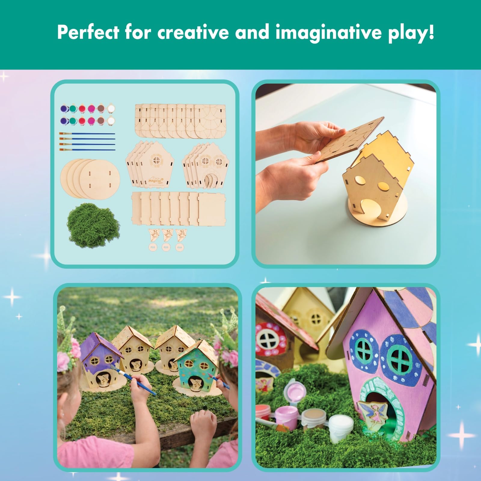 Magical Valley Fairy House Craft Kit 4-Pack for Kids, DIY Wooden Fairy Houses with Paint & Accessories, Arts & Crafts for Kids, Party Activity Kit