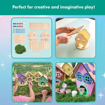 Magical Valley Fairy House Craft Kit 4-Pack for Kids, DIY Wooden Fairy Houses with Paint & Accessories, Arts & Crafts for Kids, Party Activity Kit