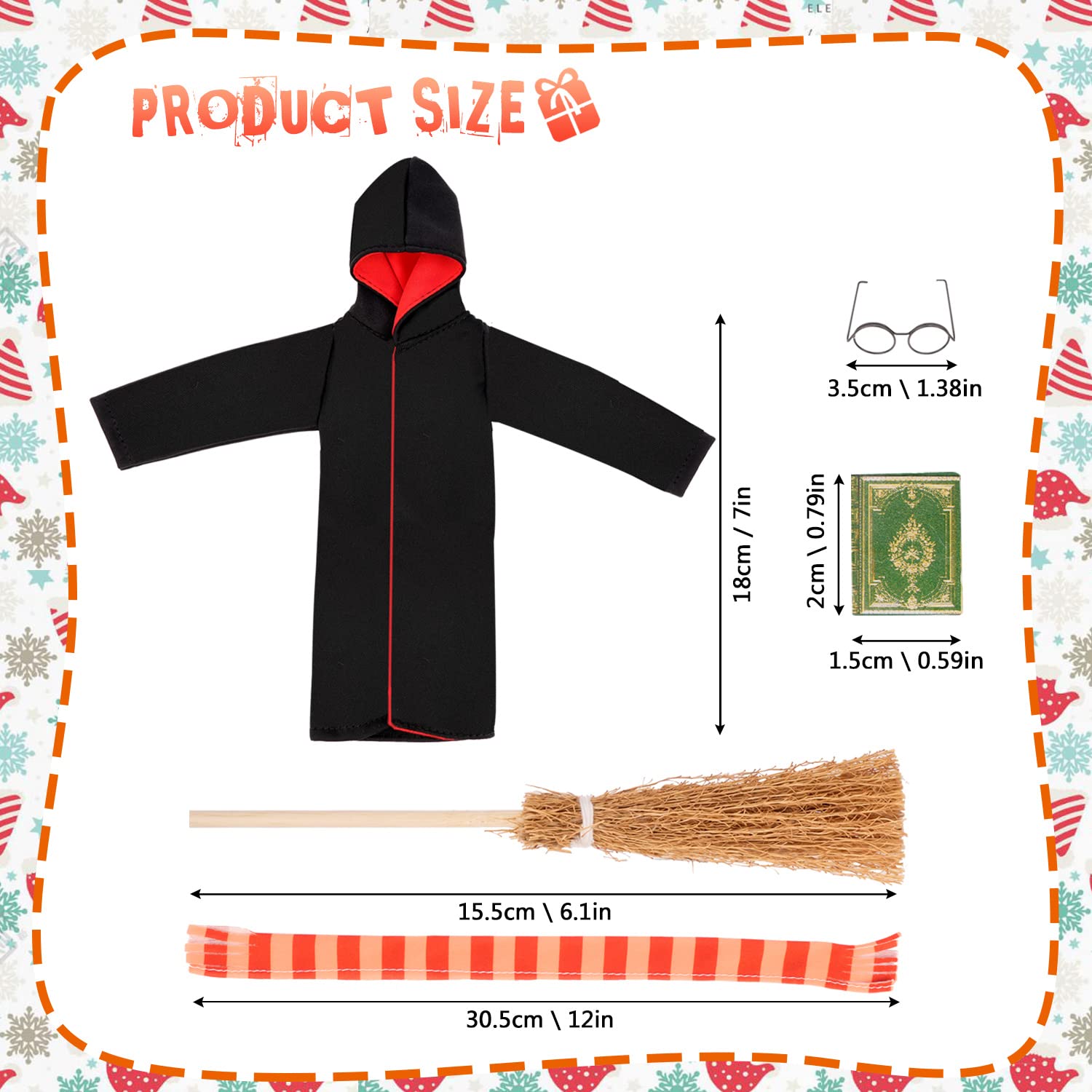 Doll Clothing Wizard Robe for Doll Christmas Elf Doll Costume Halloween Elf Clothing Dress up Accessories Includes Broom, Scarf, Mini Glasses, Mini