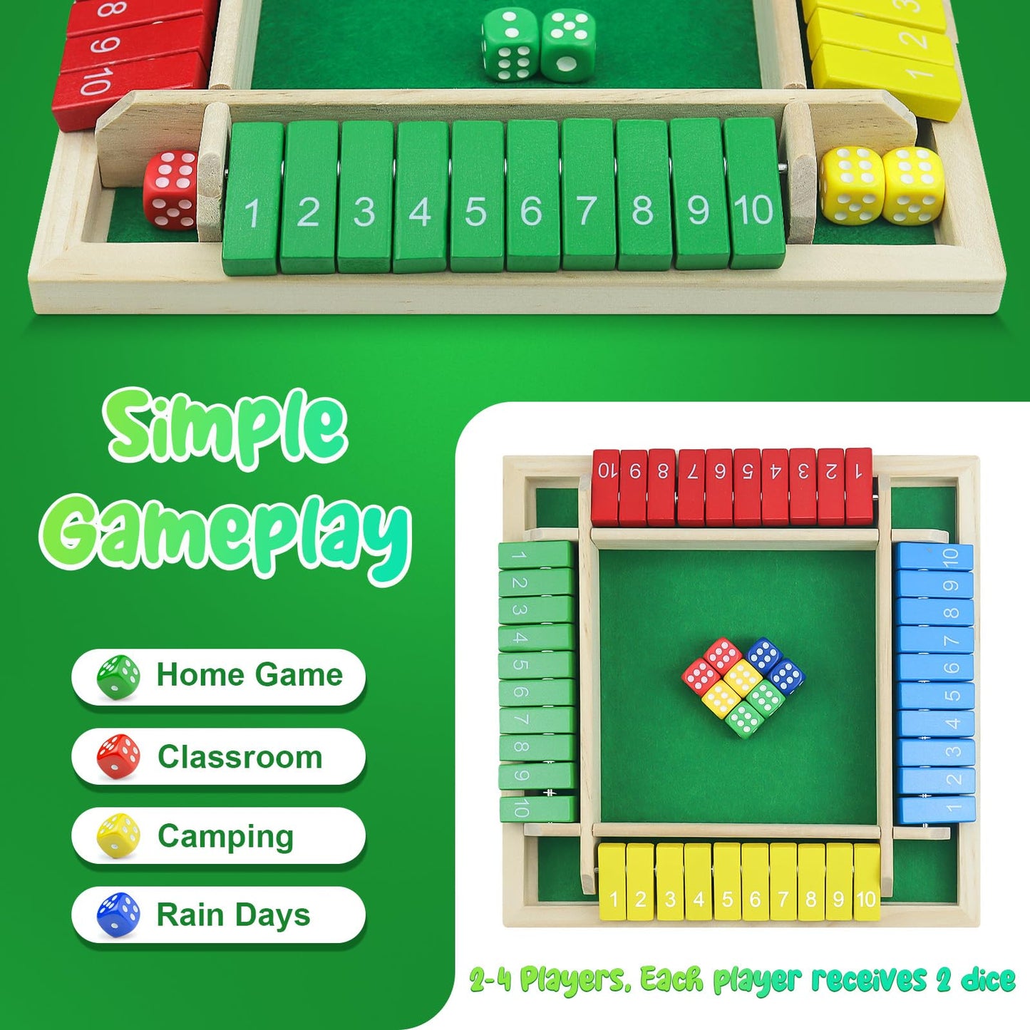 rytopt Shut The Box Game, Stocking Stuffers, 2-4 Player Family Wooden Board Table Math Games, Board Games, Valentines, 8 Dices Tabletop Game