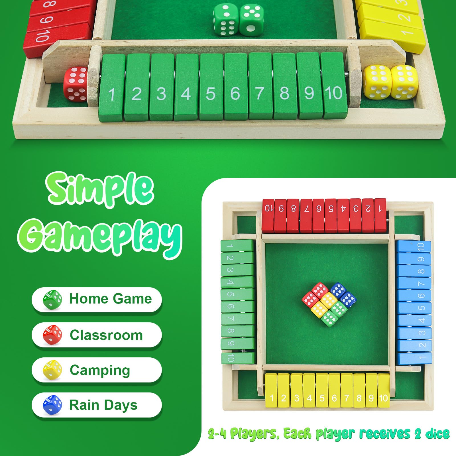 rytopt Shut The Box Game, Stocking Stuffers, 2-4 Player Family Wooden Board Table Math Games, Board Games, Valentines, 8 Dices Tabletop Game