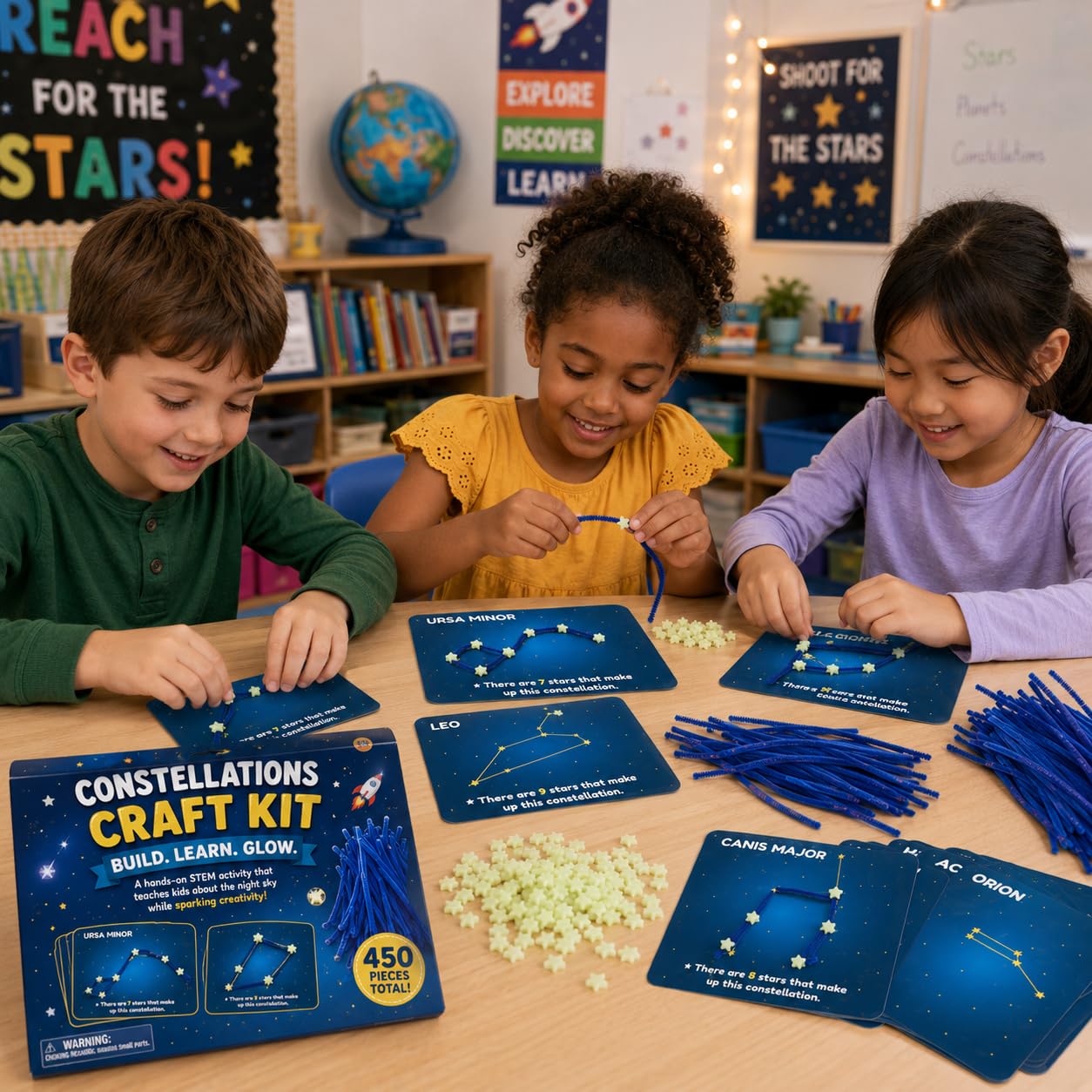 Fun Express Constellations Craft Kit - 450 Pieces Glow in the Dark STEM Kids | Solar System Astronomy Science Kits | Arts and Crafts for Kids Ages 4-8