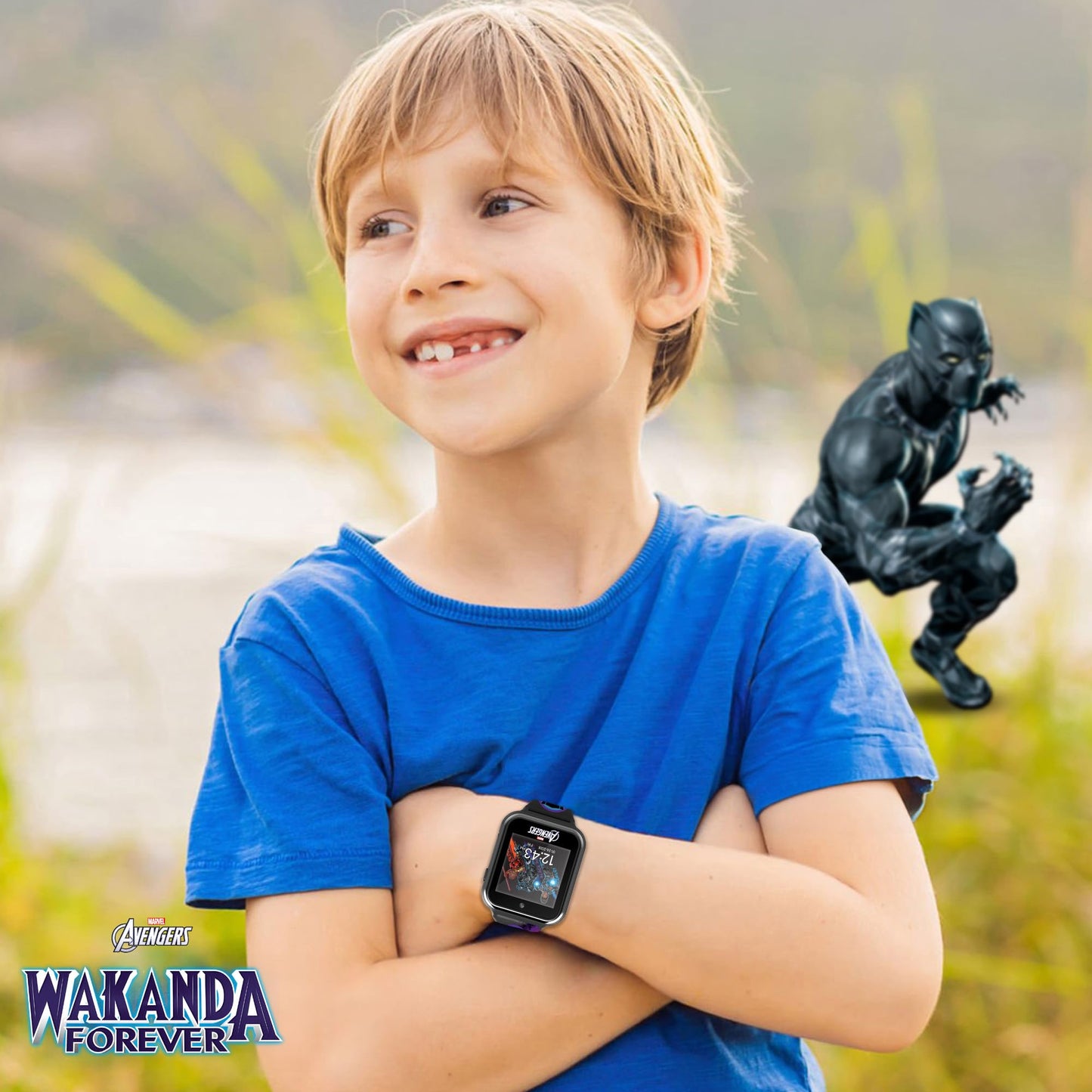 Accutime Kids Marvel Black Panther Black Educational ,Touchscreen Smart Watch Toy for Boys, Girls, Toddlers - Selfie Cam, Learning Games, Alarm