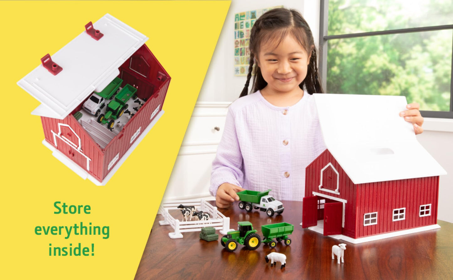 Tomy John Deere Childs Red Barn Playset - 1:64 Scale - Includes Farm Animal Toys, Tractor Toy, Red Barn with Handle, and Accessories - Easter Basket