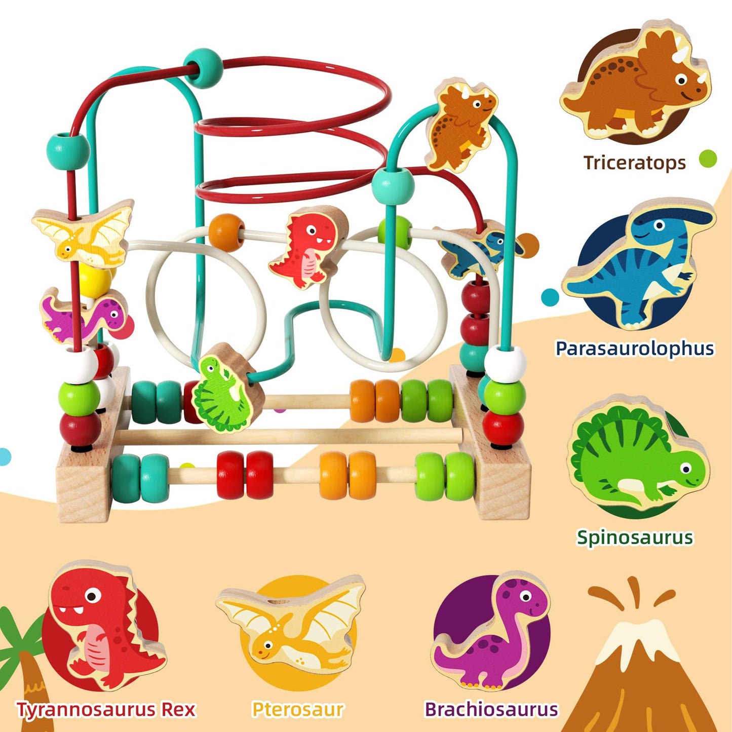 edutree Wooden Bead Maze Roller Coaster Toys for Toddlers, Dinosaur Colorful Shape Montessori Toys for 2-3 Year Old, Educational Learning Counting Toy