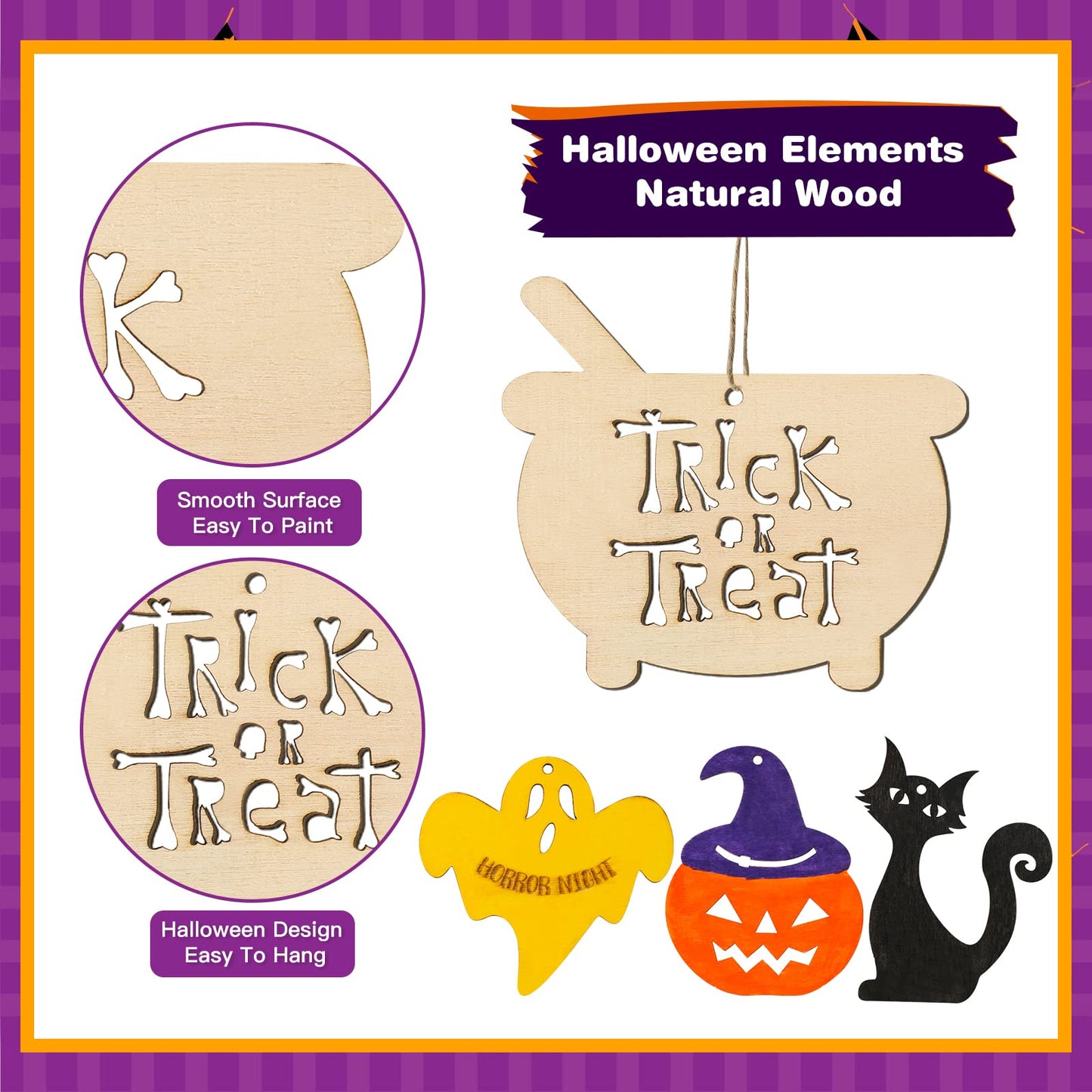 60PCS Halloween Crafts for Kids, DIY Painting Wooden Ornaments Kit, 12 Pre-Drilled Shapes Natural Wood, Halloween Party Decorations, Classroom