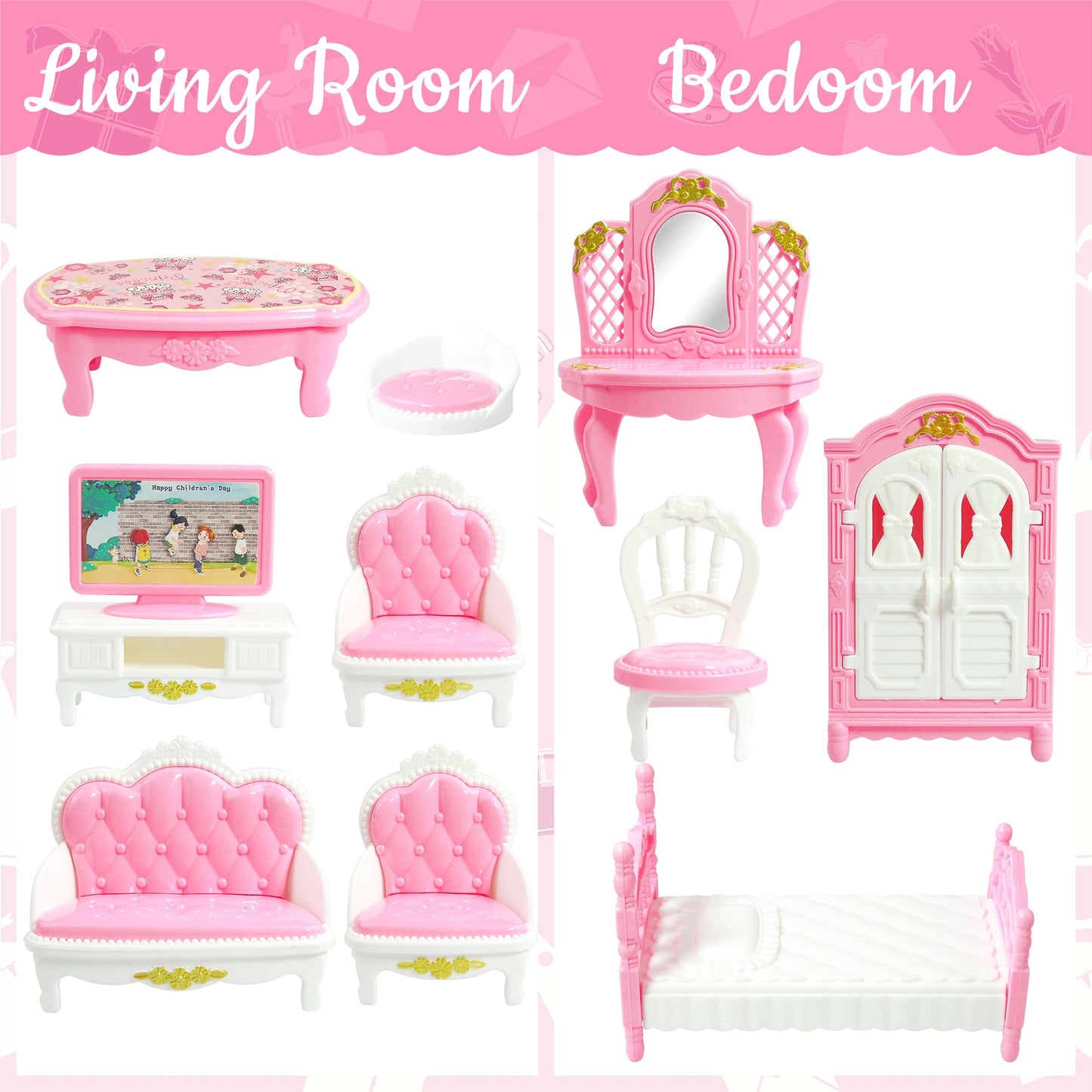 20 Pieces Doll House Furniture and Accessories Set Dollhouse Furniture Set Mini Dollhouse Furniture 1 12 Scale Bedroom Living Room Bathroom Furniture