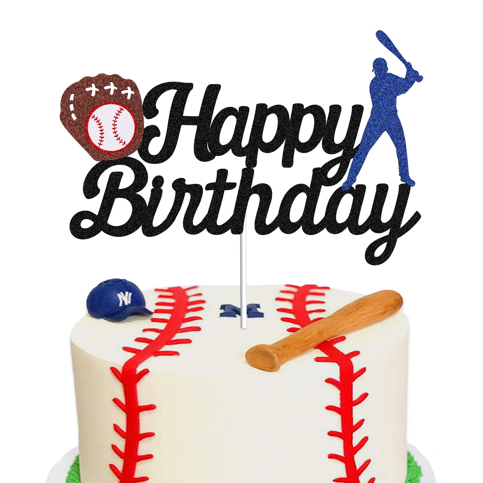 Baseball Theme Cake Topper - Happy Birthday Cake Topper for Birthday/Baseball/Sports Party Theme Decoration (Black Glitter)