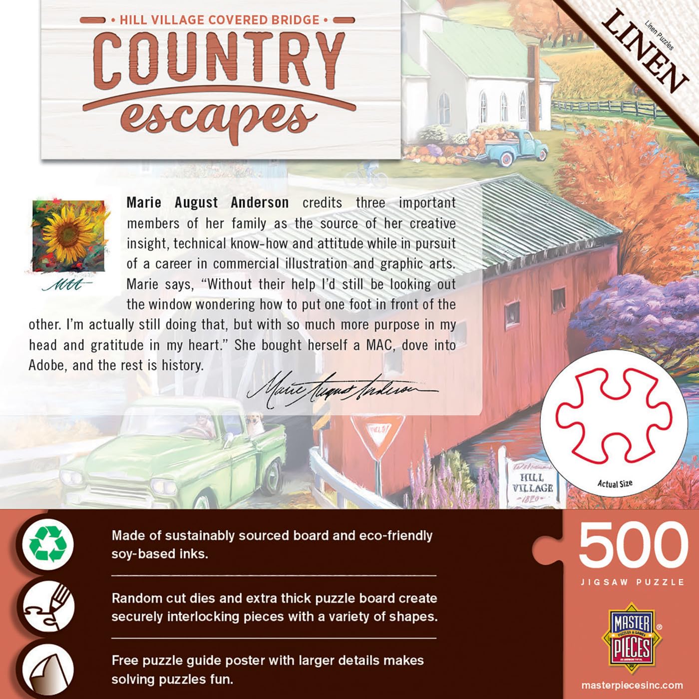 Masterpieces Country Escapes Hill Village Covered Bridge 500 Piece Puzzle - Eco-Friendly, Matte Finish, Random Cut, Bonus Poster, Ages 14+