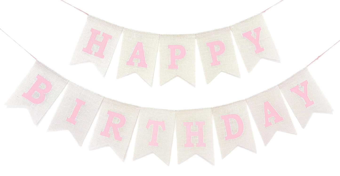 Pink Happy Birthday Banner Sign, Burlap Pink Happy Birthday Party Decorations for Girls Women