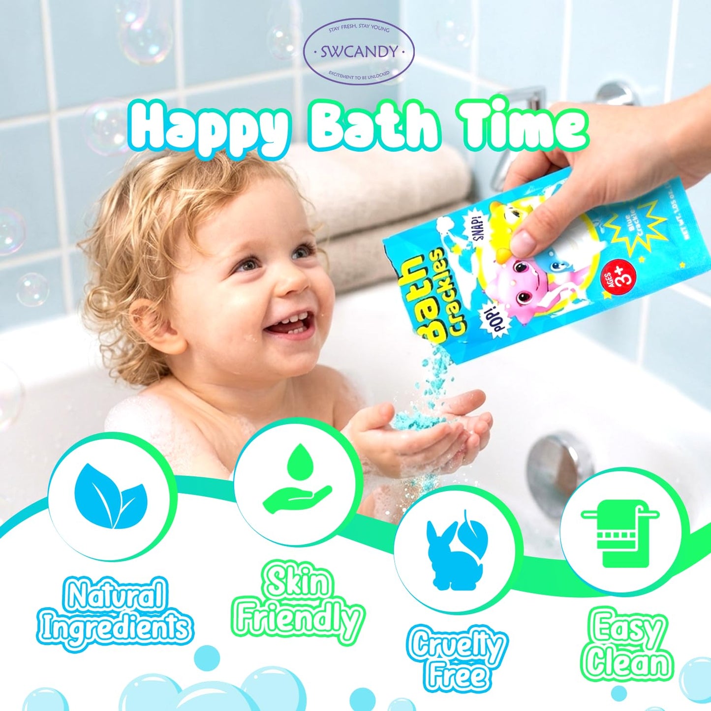 SWCANDY Bath Crackles for Kids, 12 Pack Sensory Bath Toys, Crackle Pop & Fizz Bath Crystals, Nontoxic Fragrance-Free Mess-Free Toddler Bathtub Toys