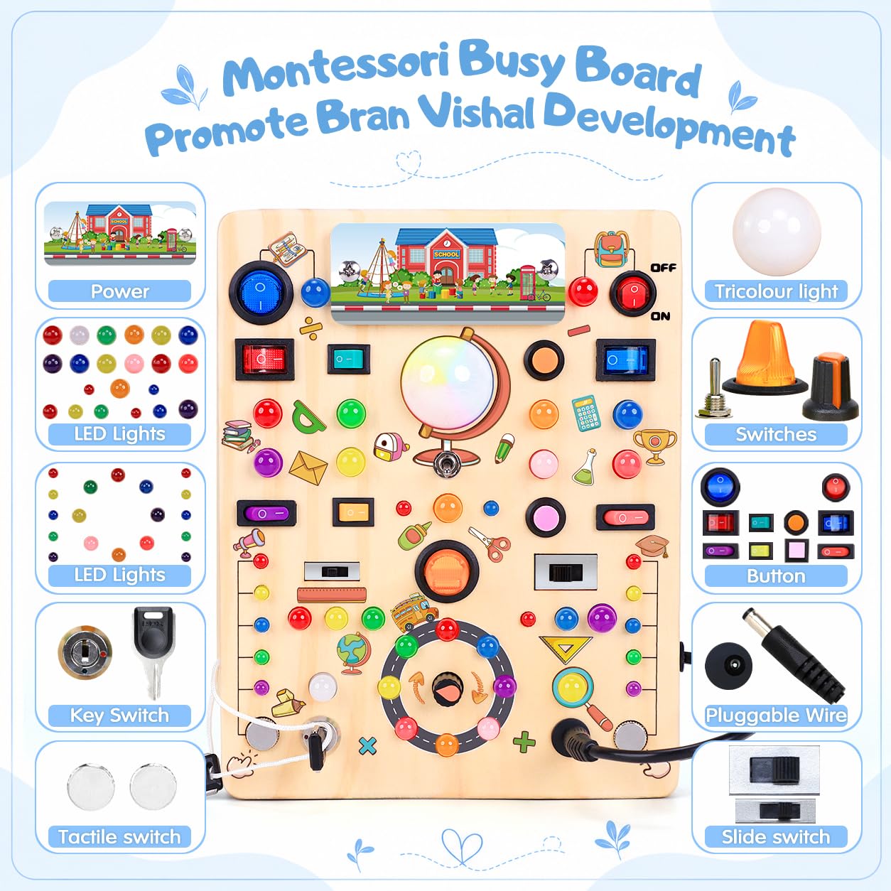Busy Board with 19 LED Light Switches, Montessori Toys for 1 2 3 Years Old, Wooden Sensory Board, Toddlers Activity Travel Toys for 1 2 3 Year Old Boy