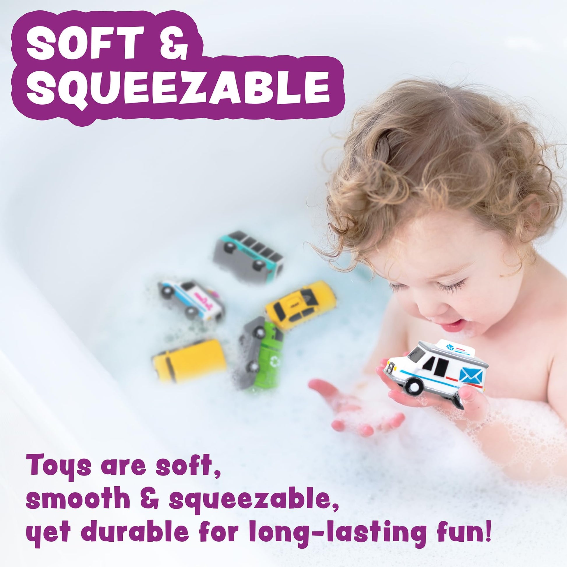 Tub Works® Vehicles™ Bath Cars Mold Free Bath Toys, 6 Pack | Sealed, No Hole Bath Toys Design Keeps Moisture Out | Soft, Squeezable & Float on Water |
