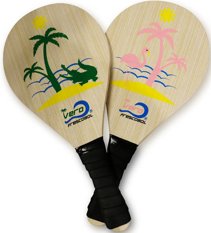Frescobol Florida Set - 2 Original Vero Wood Beach Paddles, 2 Official Balls, 2 Beach Darts, Durable Tote Bag (Pink Flamingo & Green Alligator Design)