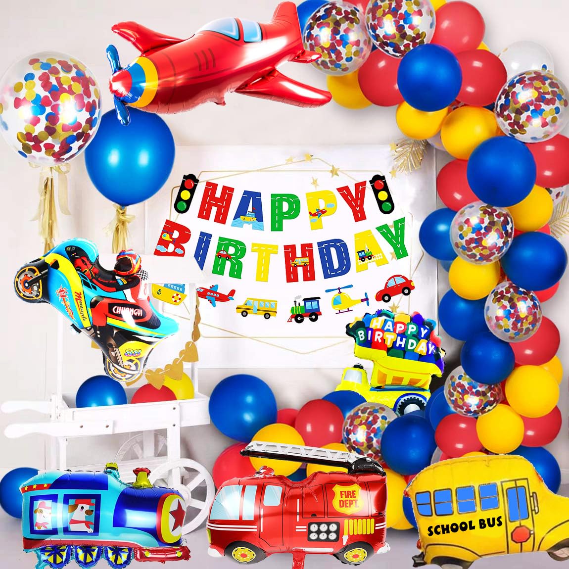 MOVINPE Transportation Birthday Decoration for Boys Happy Birthday Banner Cars School Bus Train Fire Truck Motorcycle Plane Foil Balloons Transport