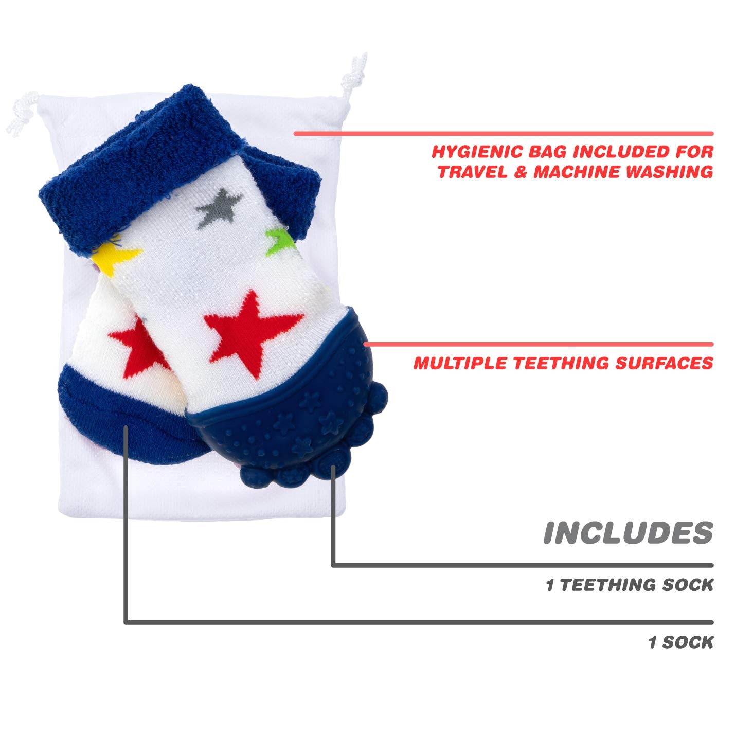 Nuby Soothing Teether Sock, Blue Stars, 5"