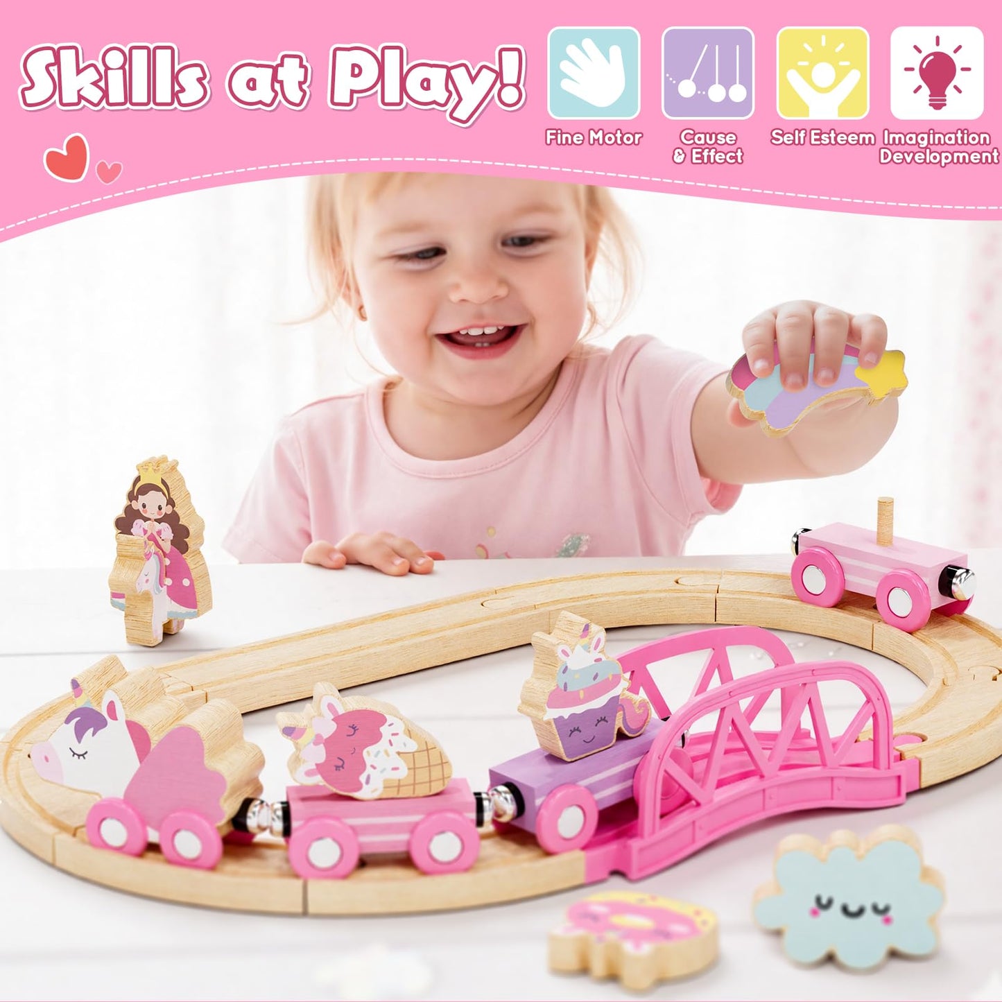 Lehoo Castle Wooden Train Set for Girls, Unicorn Train Set for Toddlers 2-4, Wooden Train Track with Storage Bag, Pink Train Fantasy Toys for 3 Year
