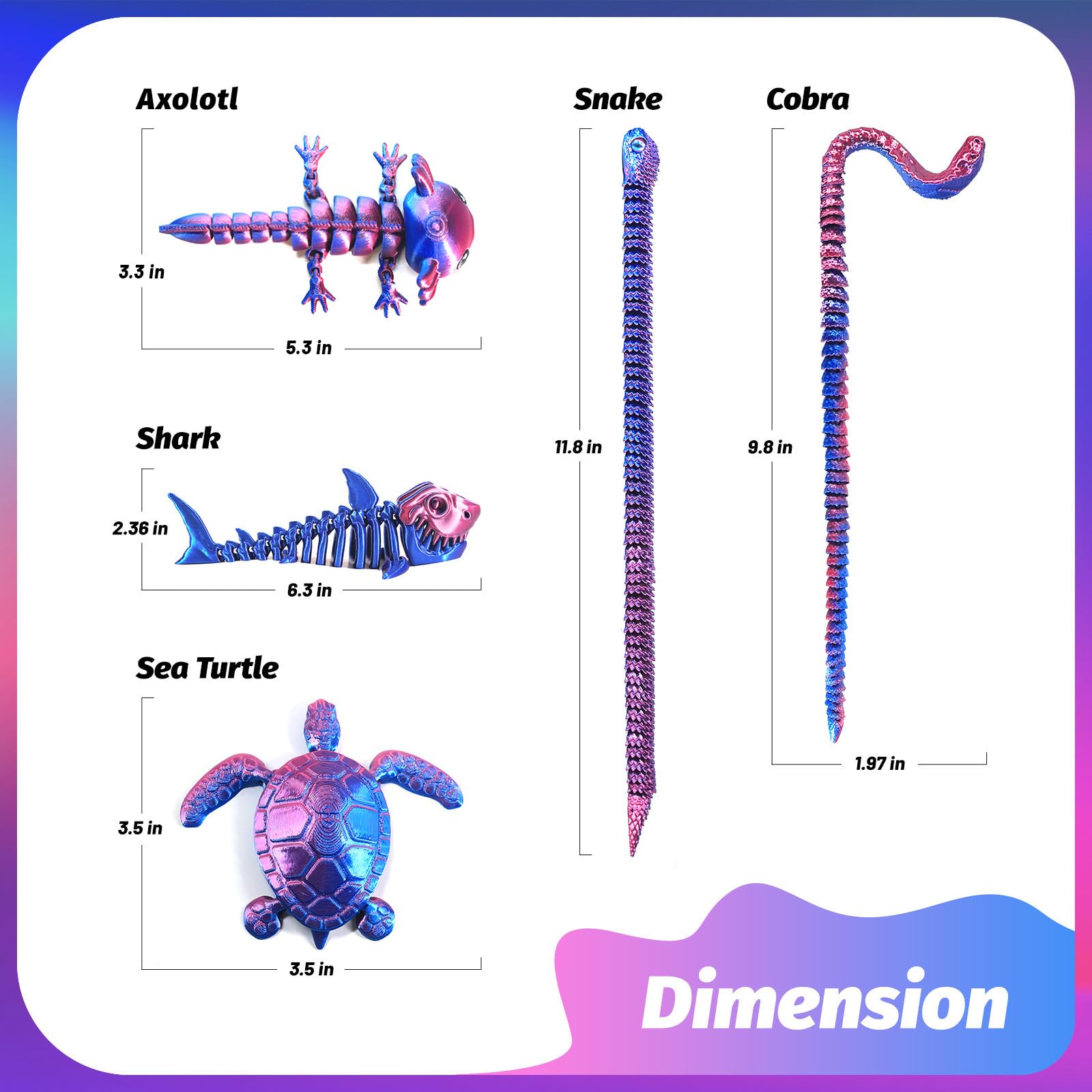 9Pcs 3D Printed Animals 3D Printed Dragon Include 3D Printed Snake, Dinosaur, Sharks, Axolotl, Turtle, Cobra and 3 Style Dragons, 3D Printed Toys