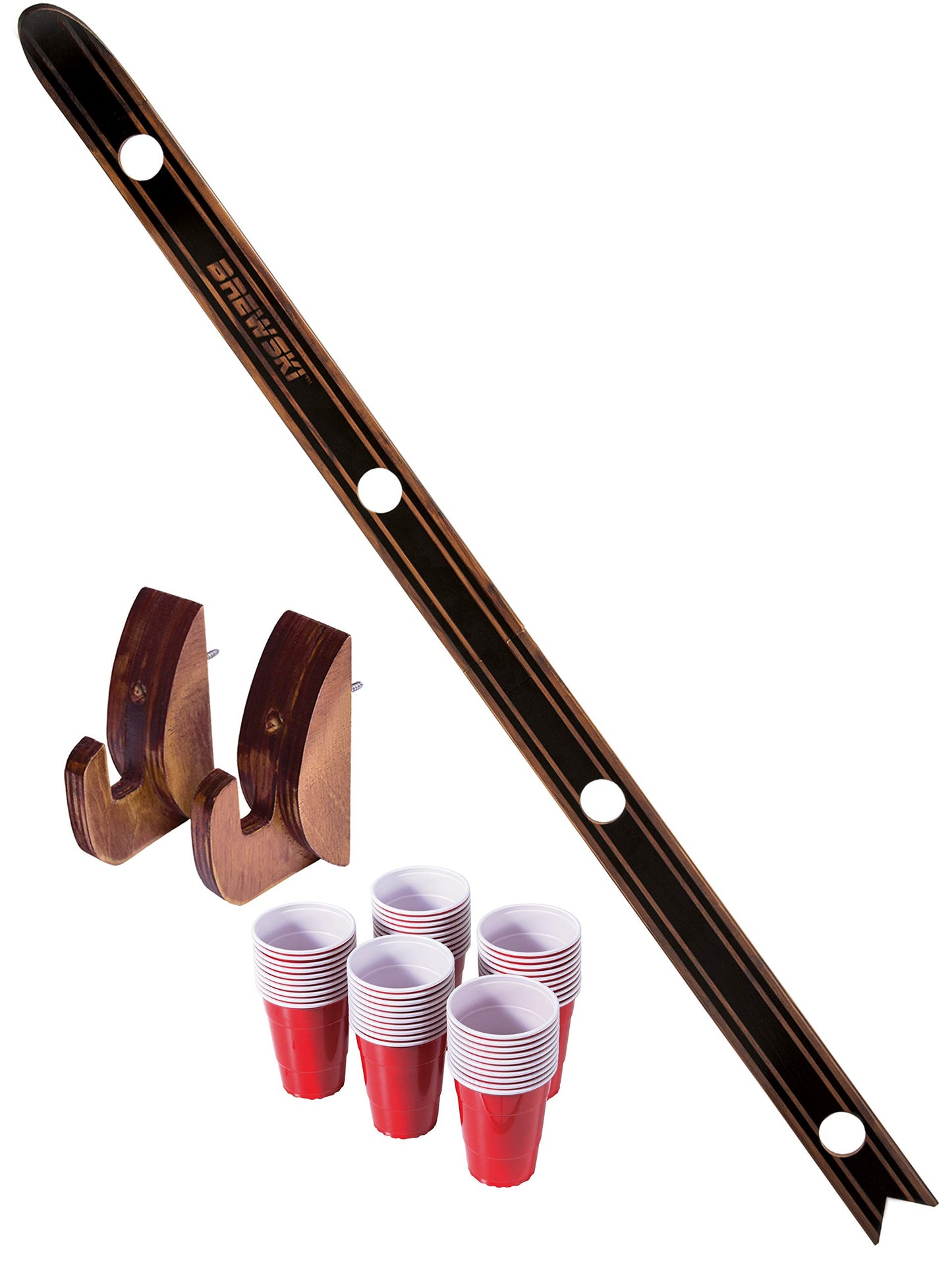 GoPong Brewski - Rustic Stained Design - 4 Person Beer Drinking Shot Ski with 50 Plastic 6 oz Cups