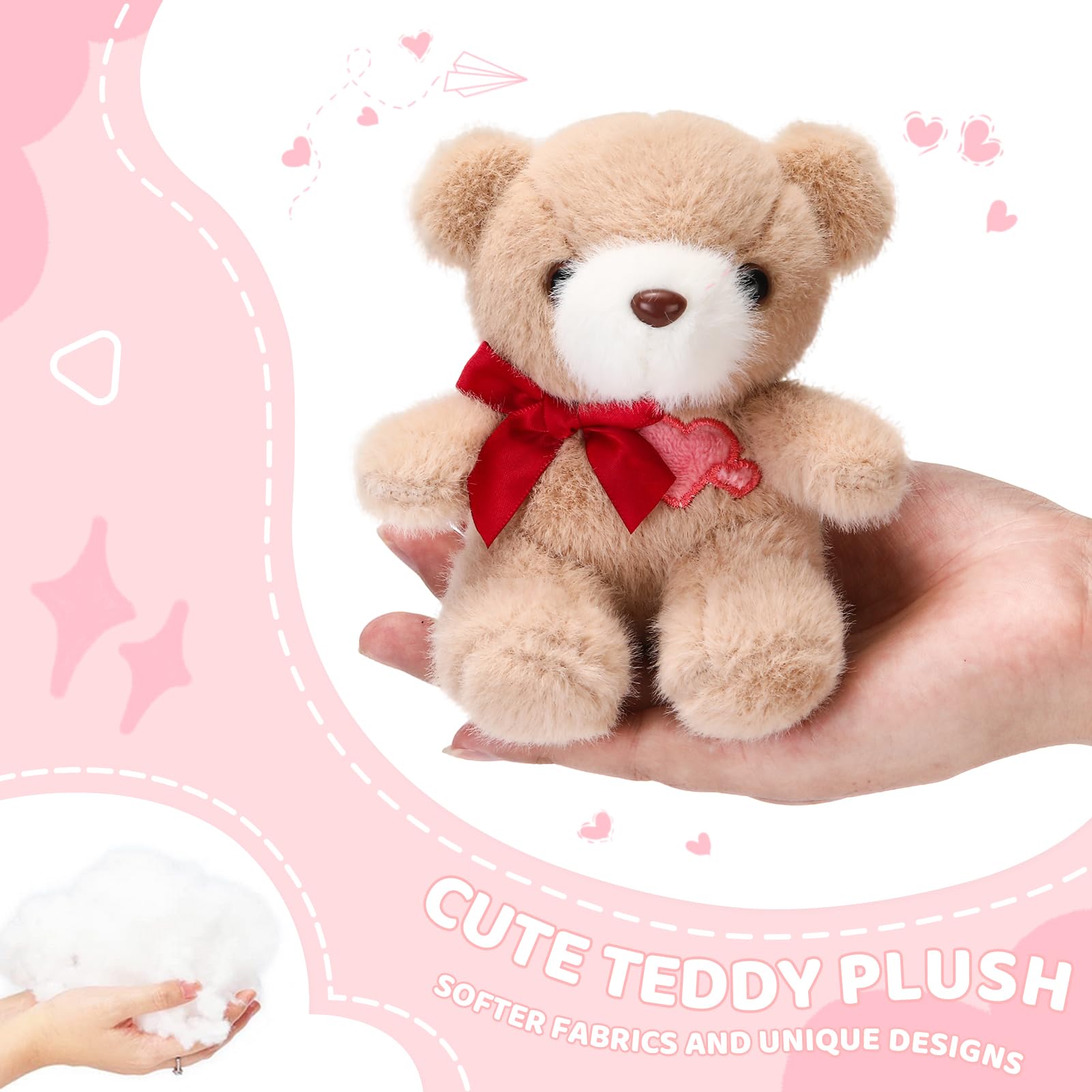 ABEARCAR 4.7 Inchs Teddy Bear Stuffed Animal with Heart,Bow Tie Embroidered Pink Heart Teddy Bear Plush Toy for Girlfriend, Boyfriend(Khaki)