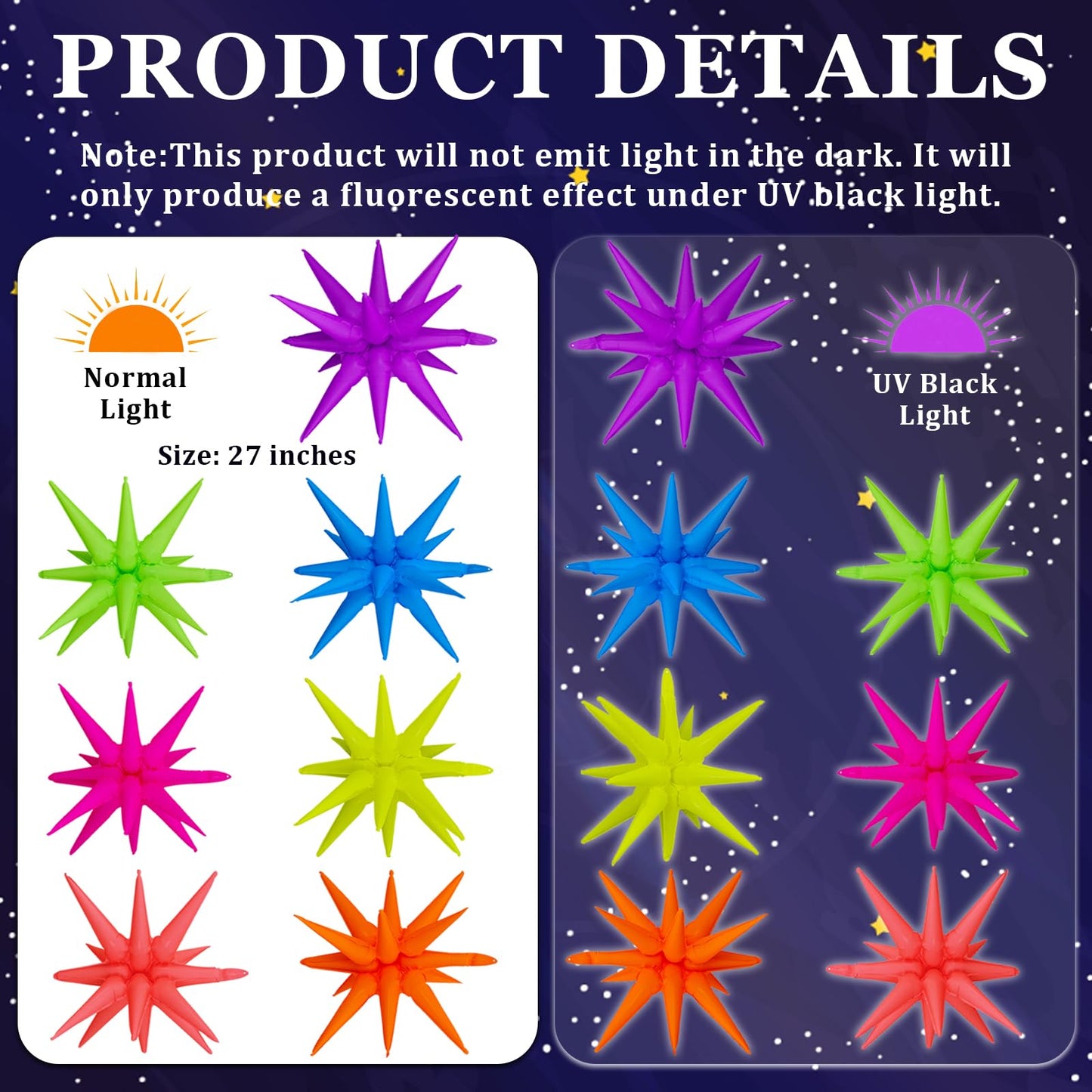 14PCS Glow in The Dark Neon Star Balloons Kit 7 Colors 27in Party