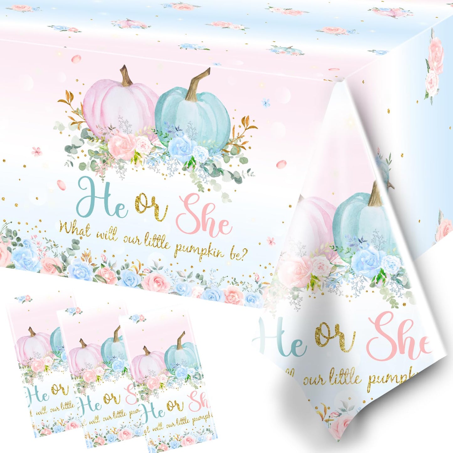 3Pcs Fall Tablecloth Decoration - He or She Gender Reveal Tablecloth Fall Floral Pumpkin Disposable Table Cover Fall Theme Baby Shower Party Supplies