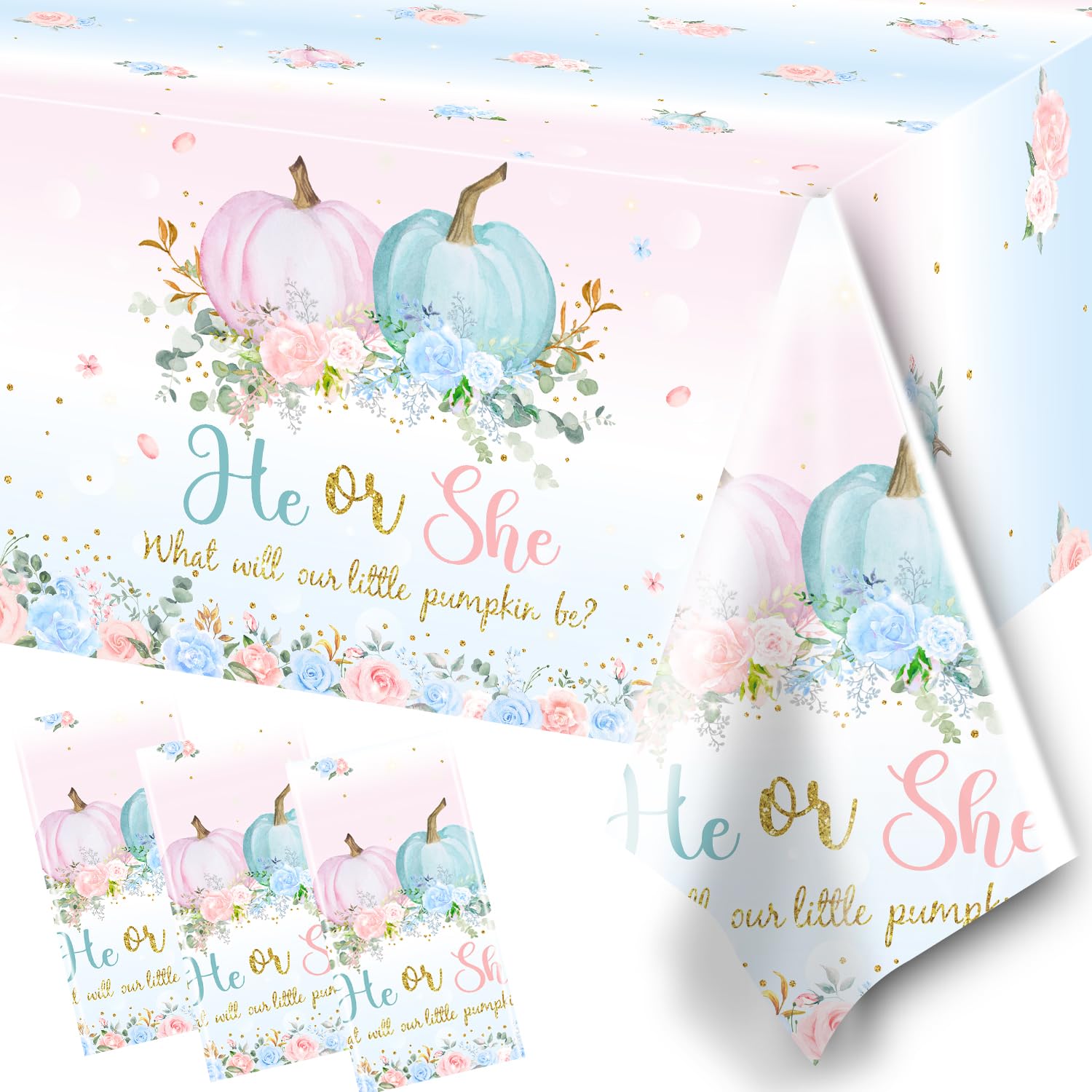 3Pcs Fall Tablecloth Decoration - He or She Gender Reveal Tablecloth Fall Floral Pumpkin Disposable Table Cover Fall Theme Baby Shower Party Supplies