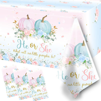 3Pcs Fall Tablecloth Decoration - He or She Gender Reveal Tablecloth Fall Floral Pumpkin Disposable Table Cover Fall Theme Baby Shower Party Supplies