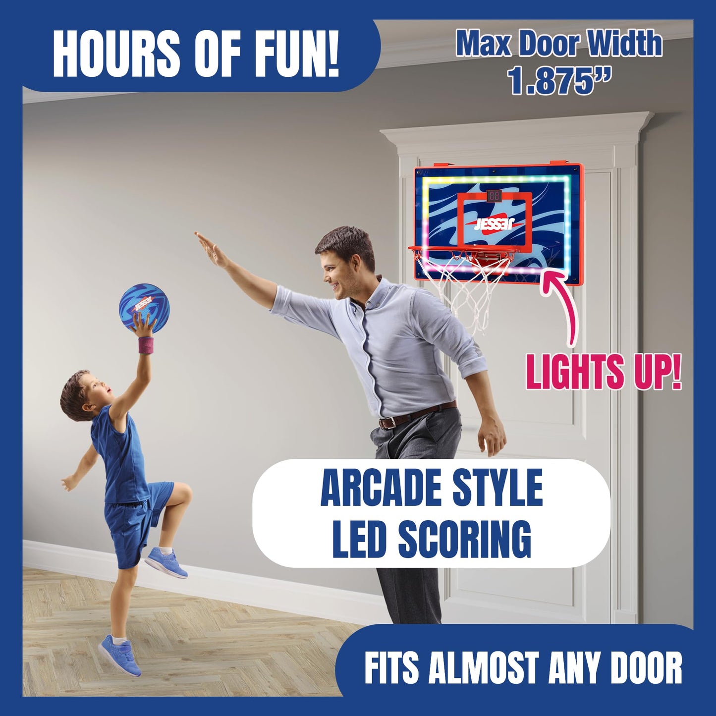 Jesser Hoop Over The Door Mini Basketball Hoop - 2 Gameplay Modes: Shot Clock or Score Keeping, 5" Exclusive Ball, Electric LED Scoring, Net, Air Pump