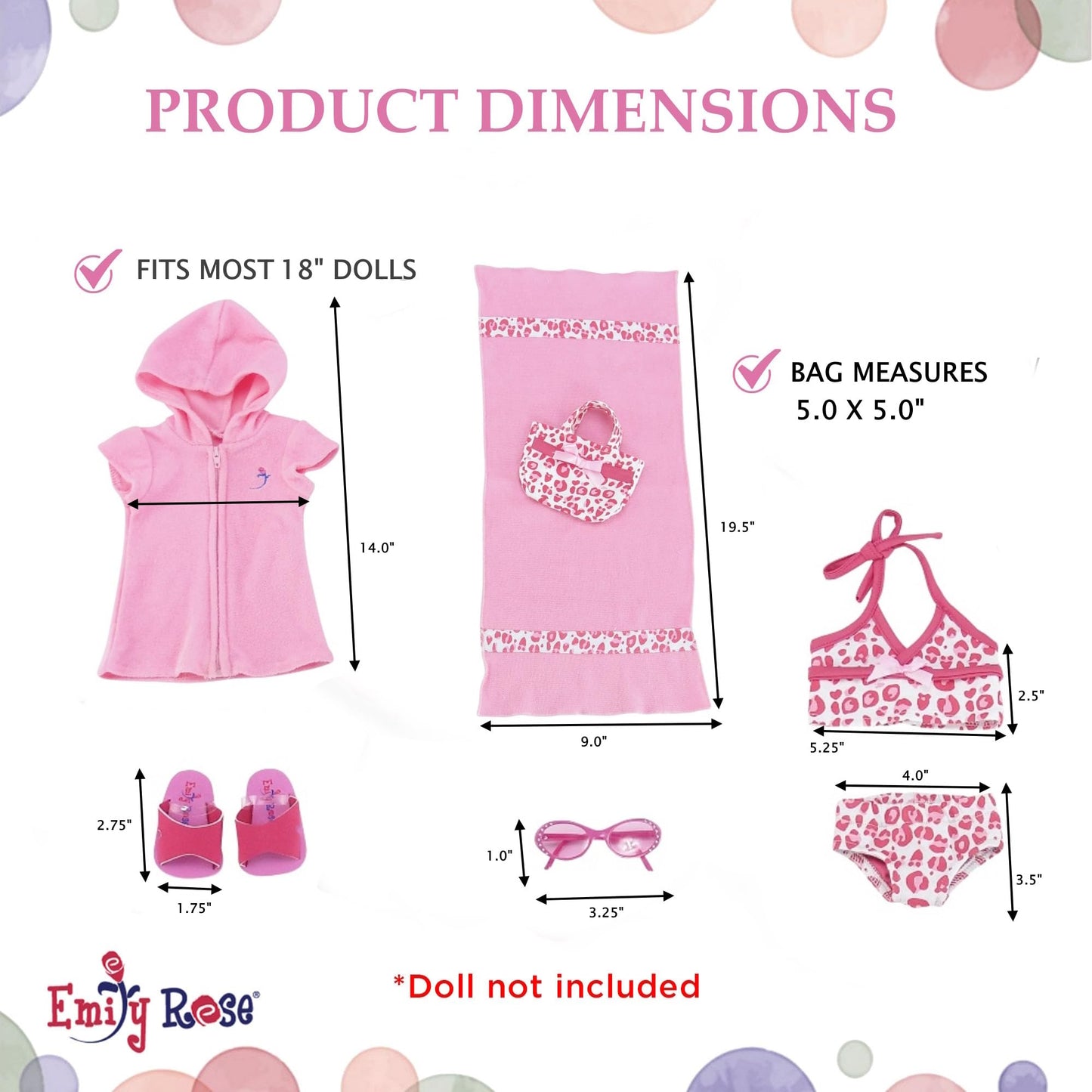 Emily Rose 18 Inch Doll Bathing Suit Set - 7 Piece Tankini Swimsuit Outfit with Hooded Coverup, Towel, Sunglasses, Sandals & Tote Bag - Doll NOT